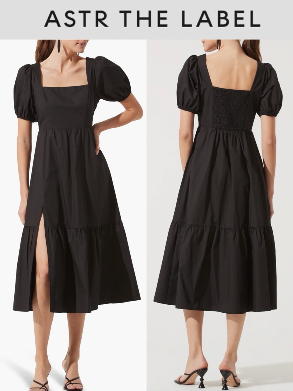 ASTR THE LABEL BLACK POPLIN PUFF SLEEVE TIERED MIDI DRESS SIZE SMALL